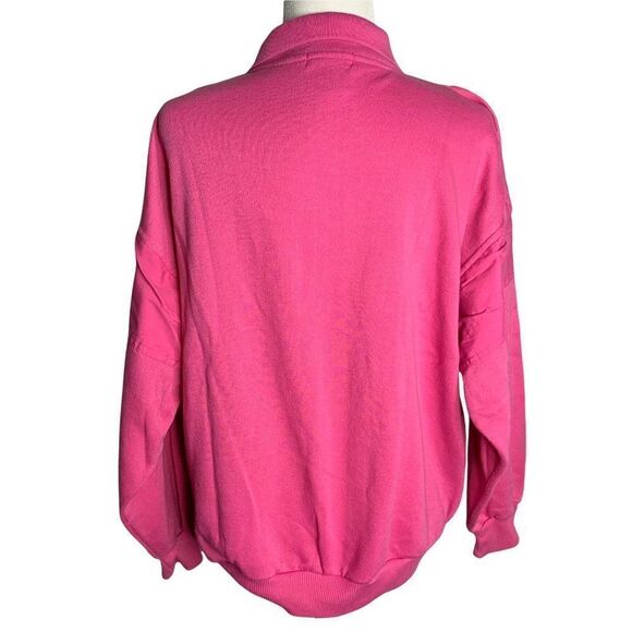 Vintage 80s Snap Front Pullover Sweatshirt L Pink Collared Pockets Ribbed Knit - Picture 4 of 6